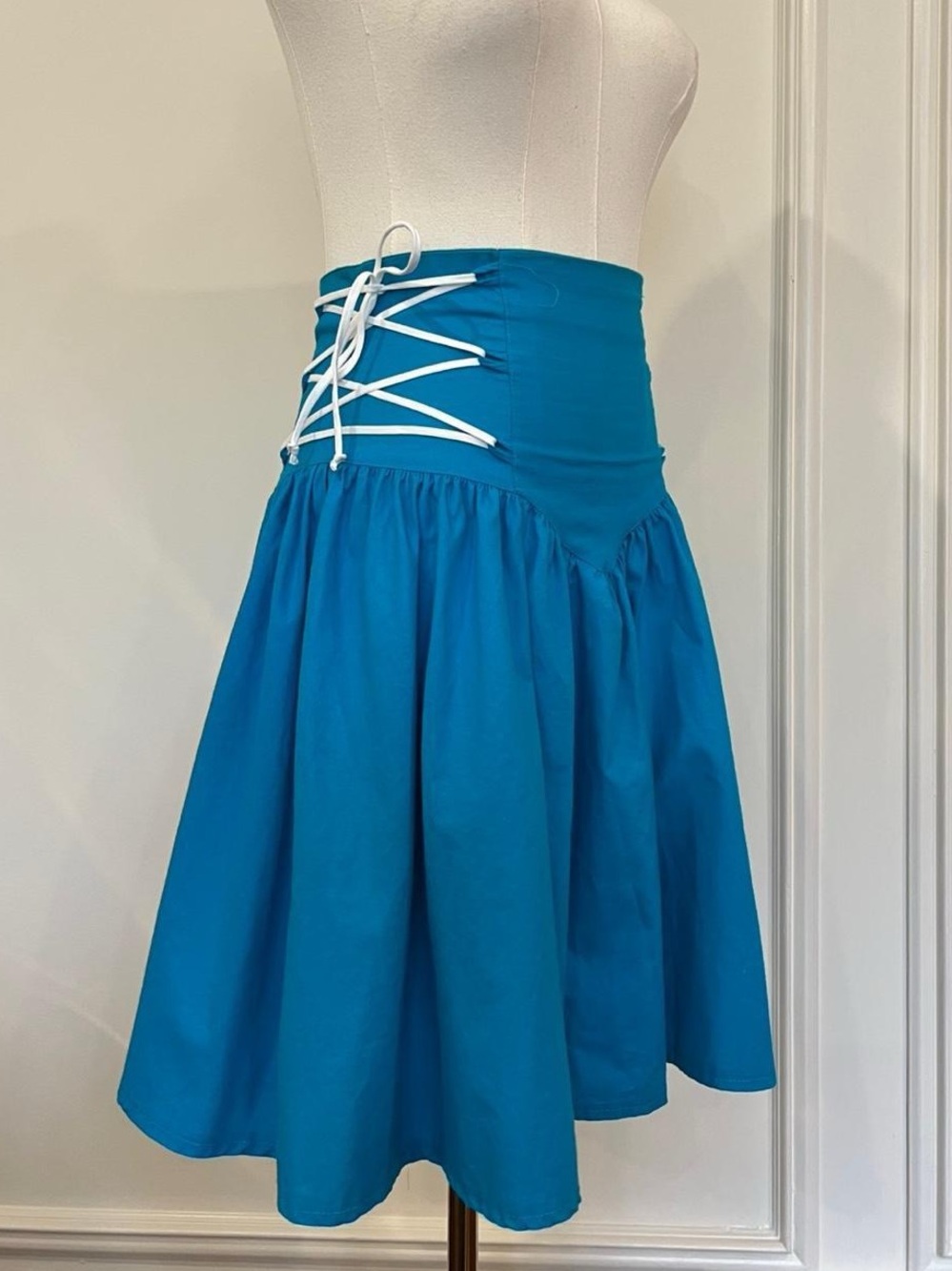 Vintage 80s‎ Teal Corset Lace-Up Skirt Boho Prairie Cottagecore Full Midi Sz S